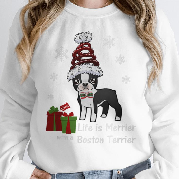 Boston Terrier Christmas T Shirt-Life Is Merrier Premium Tri-Blend Women Crewneck Sweatshirt, Boston Terrier Christmas Gifts, funny design