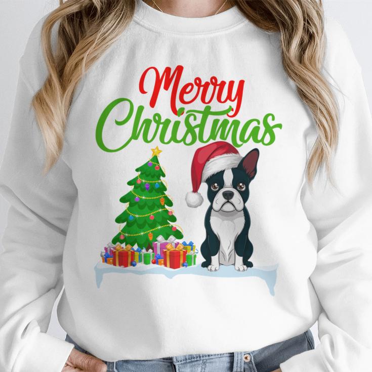 Boston Terrier Christmas Tree Lights Xmas Dog Lover Women Crewneck Sweatshirt, Boston Terrier Christmas Gifts, funny design