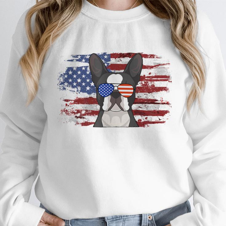 Boston Terrier Dad American Flag 4th Of July Dog Fathers Day Women Crewneck Sweatshirt, Boston Terrier Dad Gifts, American Boston Terrier Gifts, Boston Terrier 4th Of July Gifts, funny design