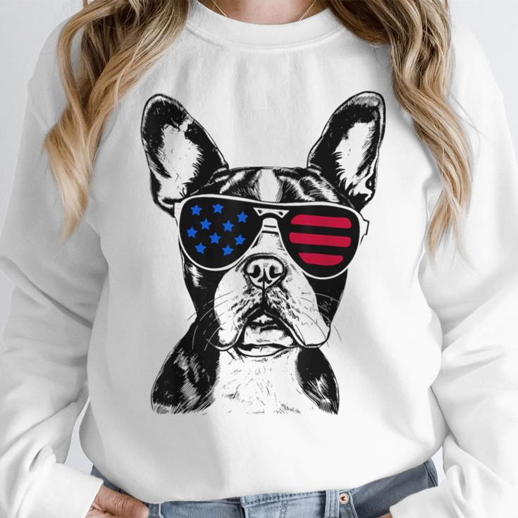 Boston Terrier Dog 4th July America USA Flag Men Women Kids Women Crewneck Sweatshirt, Boston Terrier 4th Of July Gifts, funny design
