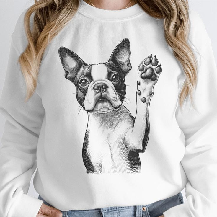 Boston Terrier Dog Raising Paw Idea Men Women Women Crewneck Sweatshirt, funny design