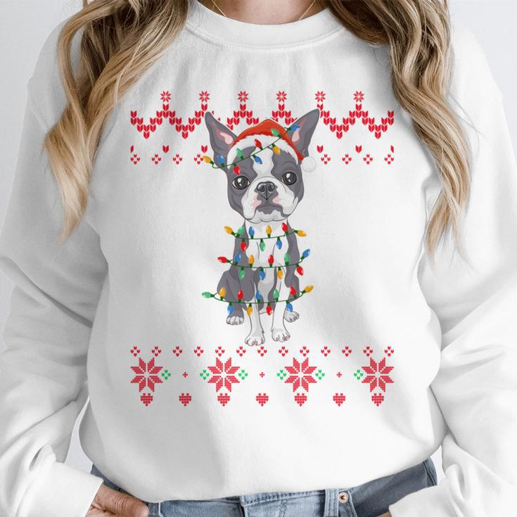 Boston Terrier Dog Santa Hat Men Kids Ugly Christmas Light Women Crewneck Sweatshirt, Boston Terrier Christmas Gifts, funny design