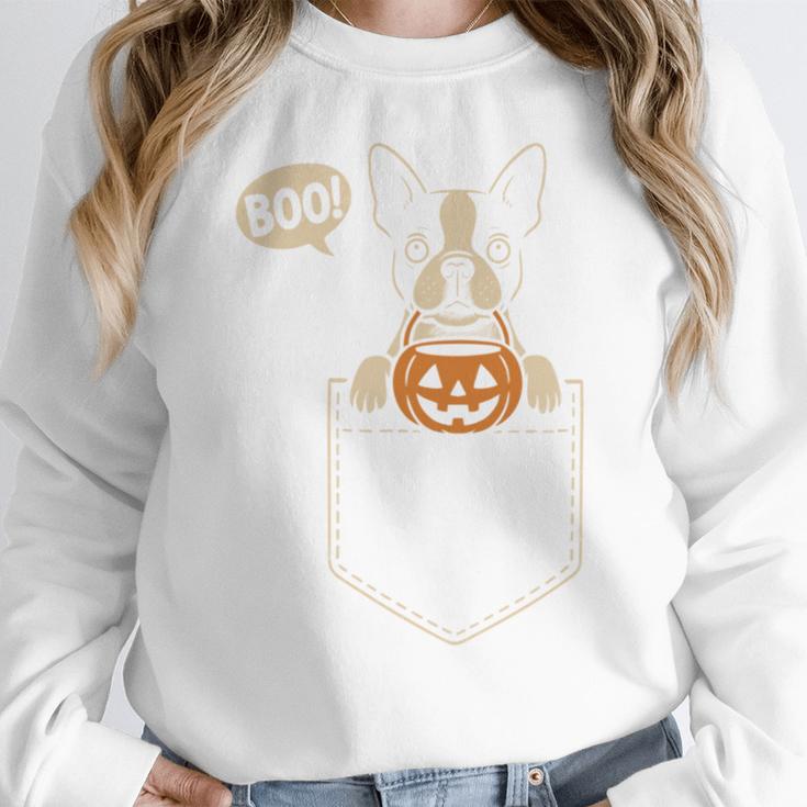 Boston Terrier Halloween Cute Bostie Dog Pocket Boo Women Crewneck Sweatshirt, Boston Terrier Halloween Gifts, funny design