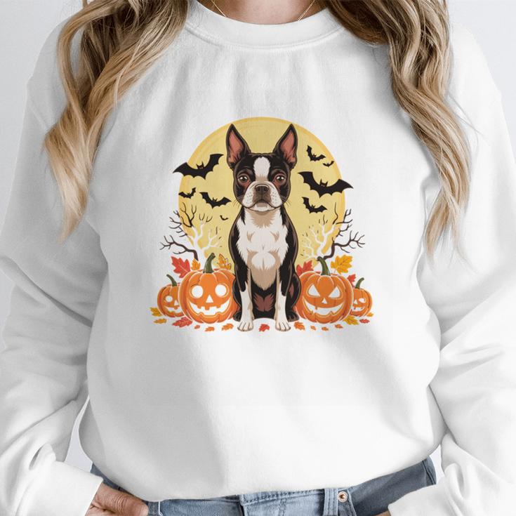 Boston Terrier Halloween Dog Lover Pumpkin Costume Women Crewneck Sweatshirt, Boston Terrier Halloween Gifts, funny design