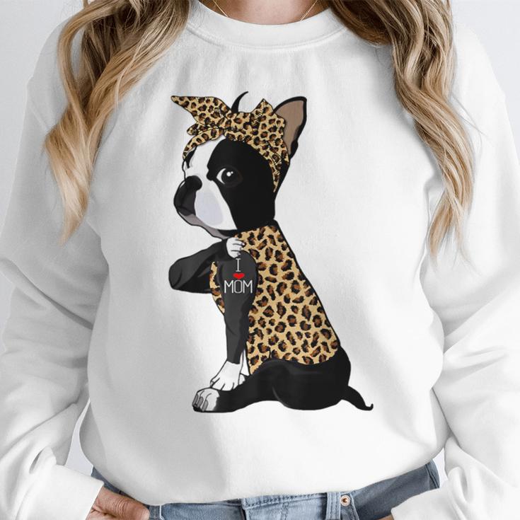Boston Terrier Lover I Love Mom Tattoo Leopard Women Crewneck Sweatshirt, Mom Gifts, Boston Terrier Mom Gifts, funny design