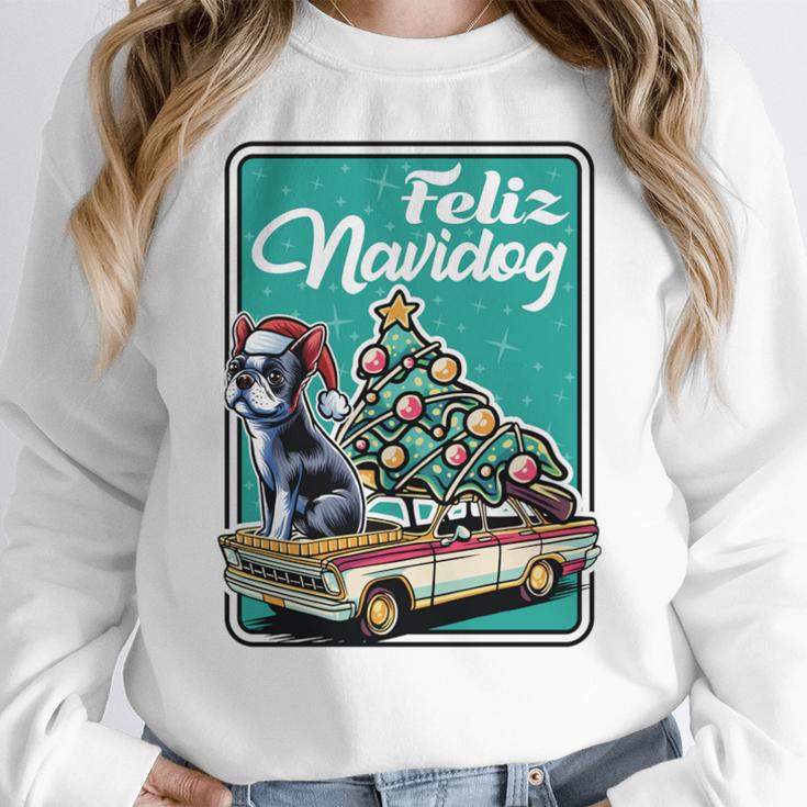 Boston Terrier Merry Christmas Tree Truck Dog X-Mas Women Crewneck Sweatshirt, Boston Terrier Christmas Gifts, funny design
