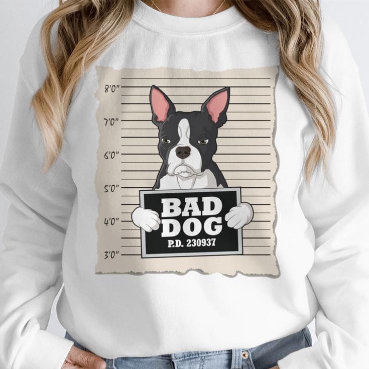 Boston Terrier Mug Shot Guilty Dog Women Crewneck Sweatshirt, funny design