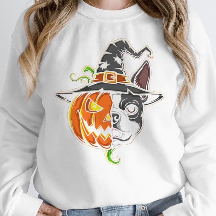 Boston Terrier Pumpkin Jack O Lantern Halloween Women Crewneck Sweatshirt, Boston Terrier Halloween Gifts, funny design