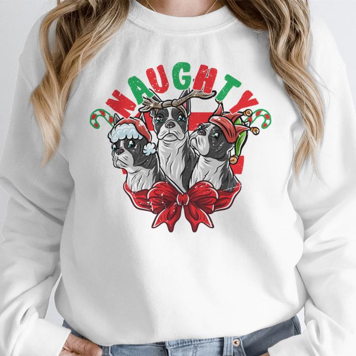 Boston Terrier Santa Claus Elf Reindeer Christmas Dog X-Mas Women Crewneck Sweatshirt, Boston Terrier Christmas Gifts, funny design