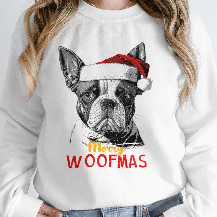 Boston Terrier Santa Claus Hat Merry Christmas Dog X-Mas Women Crewneck Sweatshirt, Boston Terrier Christmas Gifts, funny design