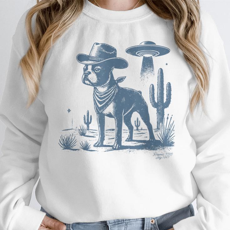 Boston Terrier UFO Cowboy Dog Dog Mom Dog Dad Alien Dog Women Crewneck Sweatshirt, Mom Gifts, Boston Terrier Dad Gifts, Boston Terrier Mom Gifts, funny design