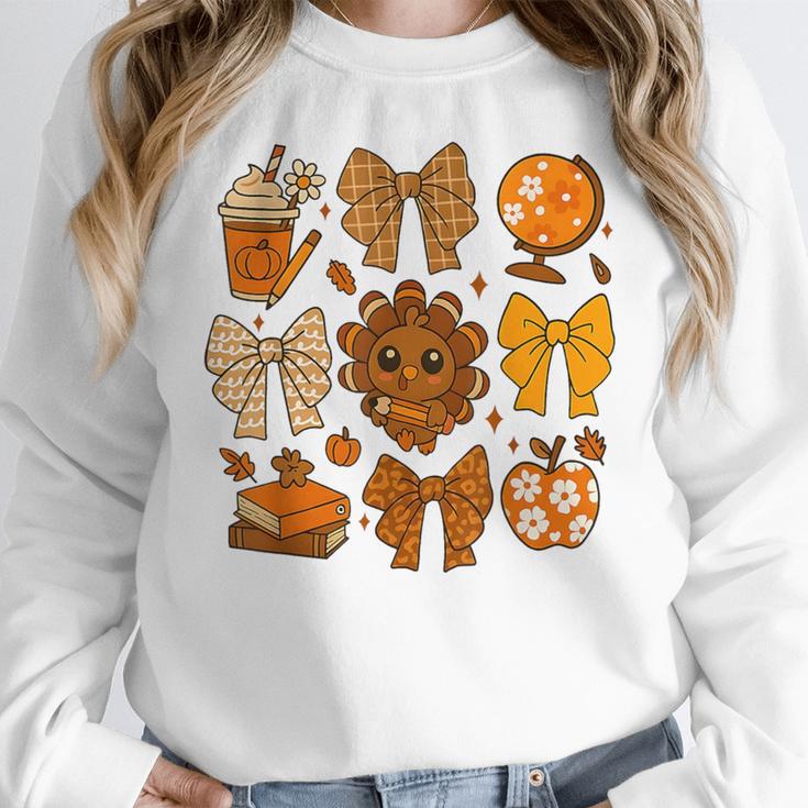 Coquette Teach Teacher Bows Thanksgiving Turkey Fall Autumn Women Crewneck Sweatshirt, funny design