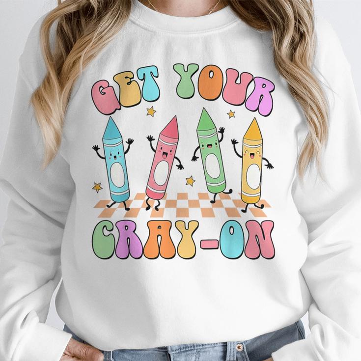 Get Your Cray-On Preschool Teacher Kindergarten Teacher Women Crewneck Sweatshirt, funny design