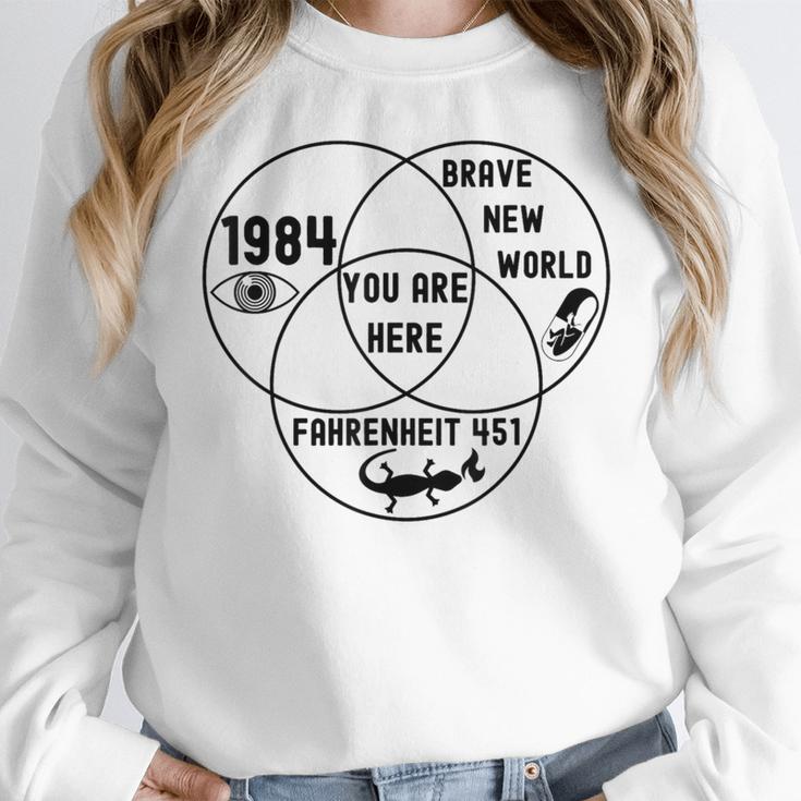 You Are Here Dystopian Venn Diagram English Teacher Bk Women Crewneck Sweatshirt, English Teacher Gifts, funny design You Are Here Dystopian Venn Diagram English Teacher Bk Women Crewneck Sweatshirt, English Teacher Gifts, funny design