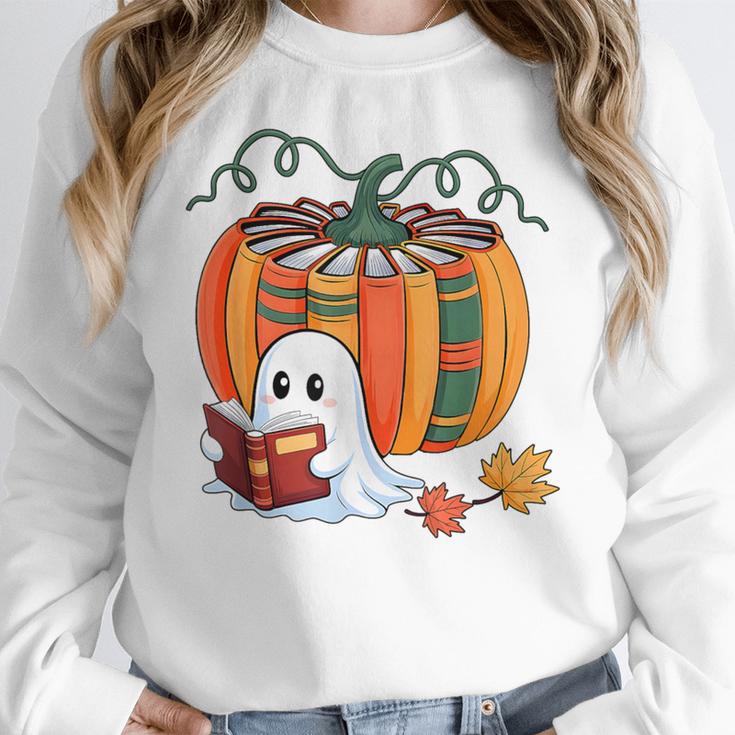 Fall Book Pumpkin Books Ghost Reading Halloween Teacher Women Crewneck Sweatshirt, funny design Fall Book Pumpkin Books Ghost Reading Halloween Teacher Women Crewneck Sweatshirt, funny design