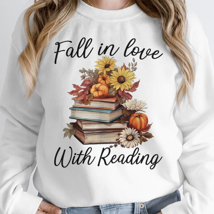 Fall In Love With Reading Book Autumn Teachers Pumpkins Women Crewneck Sweatshirt, funny design Fall In Love With Reading Book Autumn Teachers Pumpkins Women Crewneck Sweatshirt, funny design