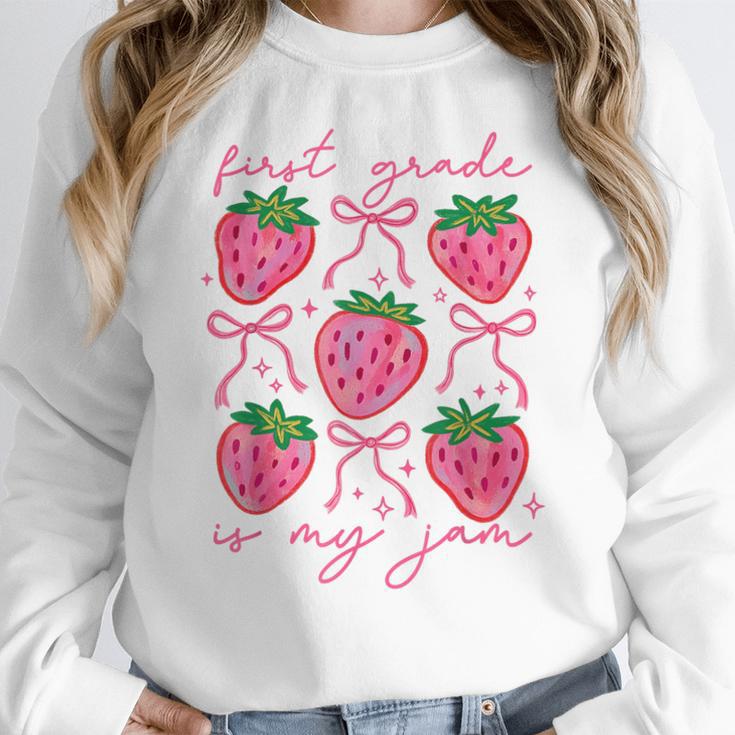 First Grade Is My Jam Strawberry First Grade Teacher Women Women Crewneck Sweatshirt, First Grade Teacher Gifts, funny design