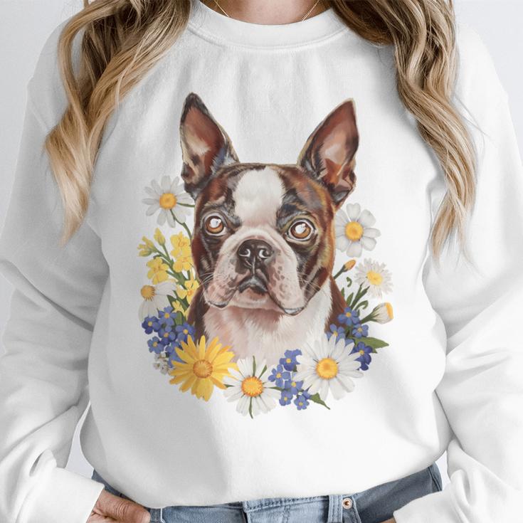 Floral Boston Terrier Women Crewneck Sweatshirt, funny design