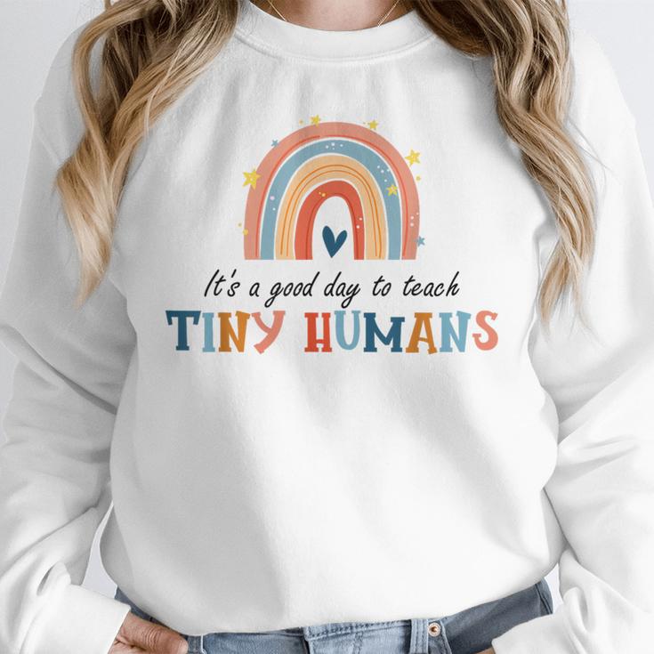 Good Day To Teach Tiny Humans Rainbow Teacher Women Crewneck Sweatshirt, funny design