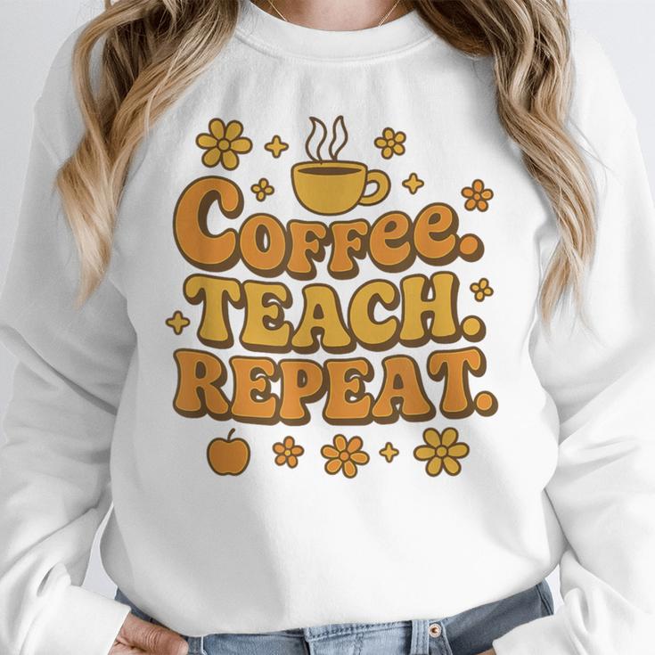 Groovy Coffee Teach Repeat Retro Teacher Women Crewneck Sweatshirt, Groovy Teacher Gifts, funny design
