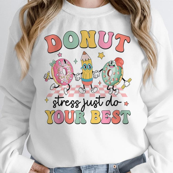 Groovy Donut Stress Just Do Your Best Testing Day Teachers Women Crewneck Sweatshirt, funny design Groovy Donut Stress Just Do Your Best Testing Day Teachers Women Crewneck Sweatshirt, funny design