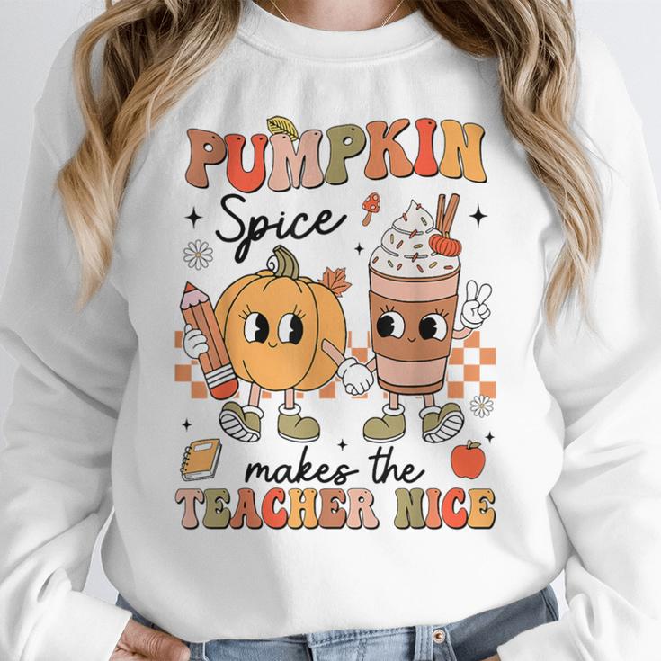 Groovy Pumpkin Spice Makes Teacher Nice Fall Thanksgiving Women Crewneck Sweatshirt, Groovy Teacher Gifts, funny design Groovy Pumpkin Spice Makes Teacher Nice Fall Thanksgiving Women Crewneck Sweatshirt, Groovy Teacher Gifts, funny design