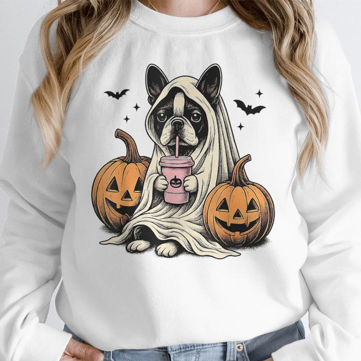 Halloween Boston Terrier Ghost Women Crewneck Sweatshirt, Boston Terrier Ghost Gifts, Boston Terrier Halloween Gifts, funny design