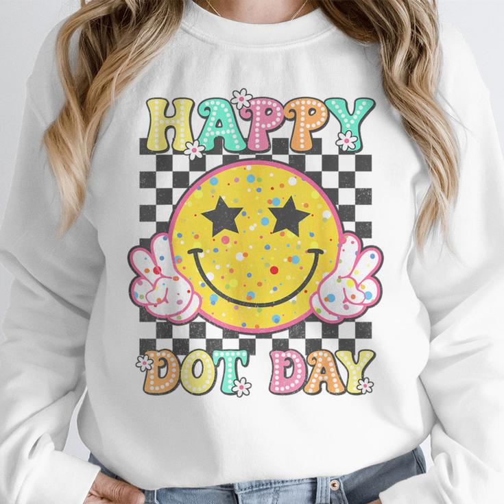 Happy Dot Day Hippie Flowers Smile Face Groovy Teacher Kids Women Crewneck Sweatshirt, Groovy Teacher Gifts, funny design Happy Dot Day Hippie Flowers Smile Face Groovy Teacher Kids Women Crewneck Sweatshirt, Groovy Teacher Gifts, funny design