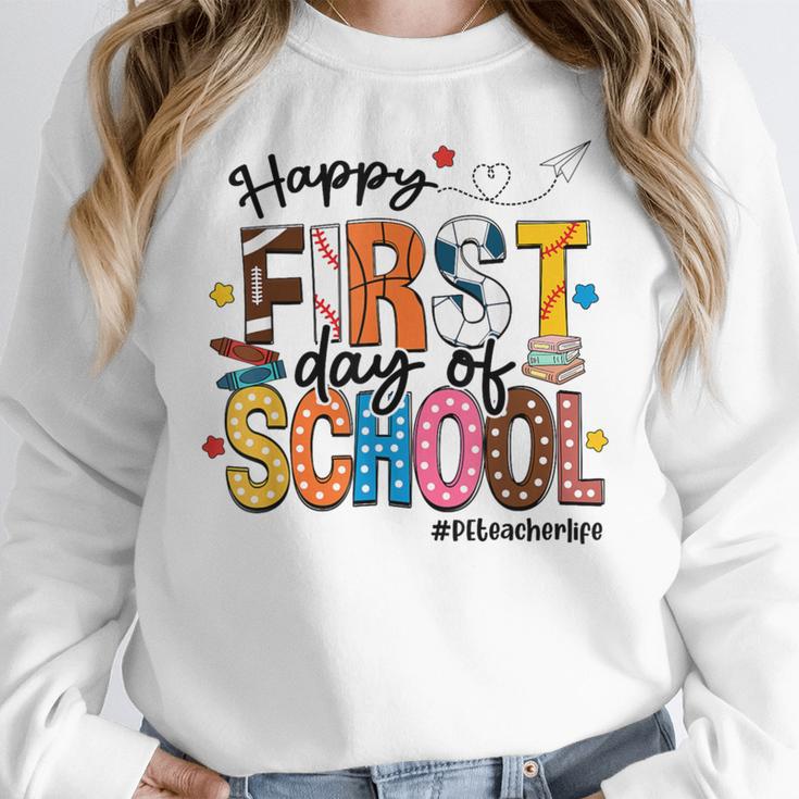 Happy First Day Of School PE Teacher Life Back To School Women Crewneck Sweatshirt, Pe Teacher Gifts, funny design Happy First Day Of School PE Teacher Life Back To School Women Crewneck Sweatshirt, Pe Teacher Gifts, funny design