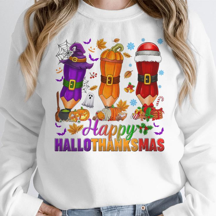 Happy Hallothanksmas Halloween Thanksgiving Pencils Teachers Women Crewneck Sweatshirt, funny design Happy Hallothanksmas Halloween Thanksgiving Pencils Teachers Women Crewneck Sweatshirt, funny design