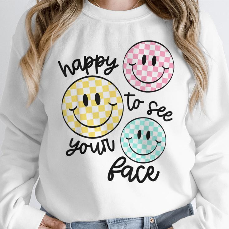 Happy To See Your Face Smile Face Teacher Back To School Women Crewneck Sweatshirt, funny design Happy To See Your Face Smile Face Teacher Back To School Women Crewneck Sweatshirt, funny design