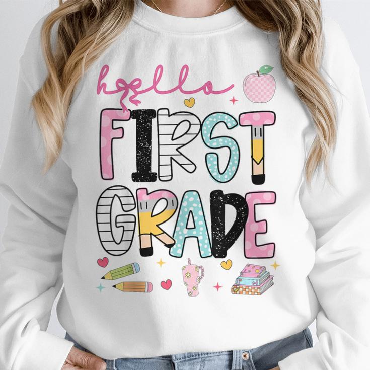 Hello First Grade Teacher Coquette Pencil Bow Back To School Women Crewneck Sweatshirt, First Grade Teacher Gifts, funny design Hello First Grade Teacher Coquette Pencil Bow Back To School Women Crewneck Sweatshirt, First Grade Teacher Gifts, funny design