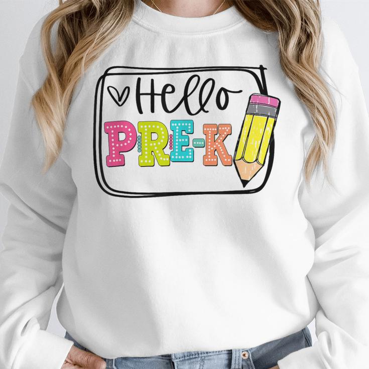 Hello Pre-K Team Preschool Teacher Kids Back To School Women Crewneck Sweatshirt, funny design
