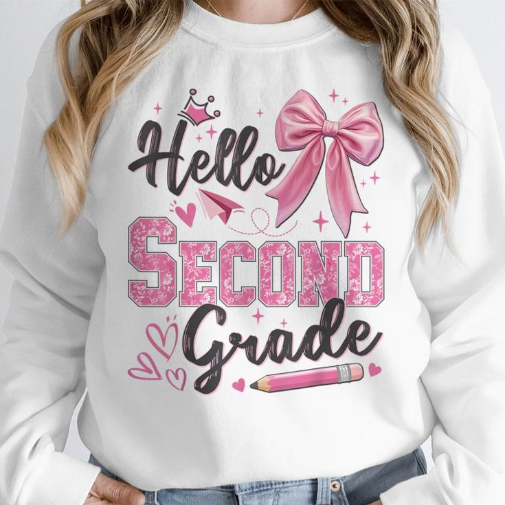 Hello Second Grade First Day Of School Coquette Teacher Girl Women Crewneck Sweatshirt, First Grade Teacher Gifts, funny design