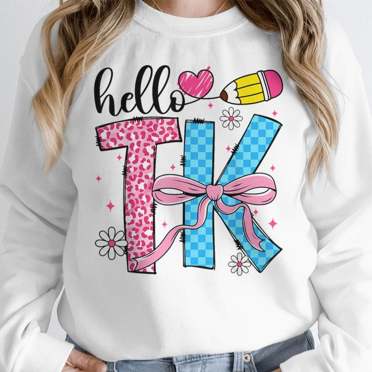 Hello TK Transitional Kindergarten Back To School Teacher Women Crewneck Sweatshirt, funny design Hello TK Transitional Kindergarten Back To School Teacher Women Crewneck Sweatshirt, funny design