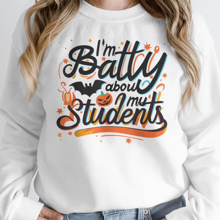 I'm Batty About My Students Watercolor Bat Teacher Halloween Women Crewneck Sweatshirt, funny design