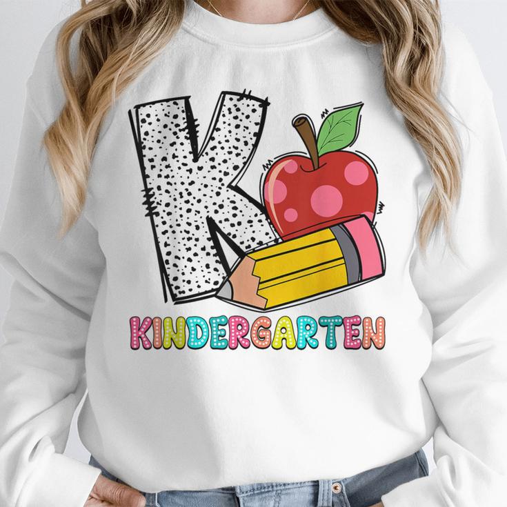 K Is For Kindergarten Teacher Pencil Apple Back To School Women Crewneck Sweatshirt, funny design K Is For Kindergarten Teacher Pencil Apple Back To School Women Crewneck Sweatshirt, funny design
