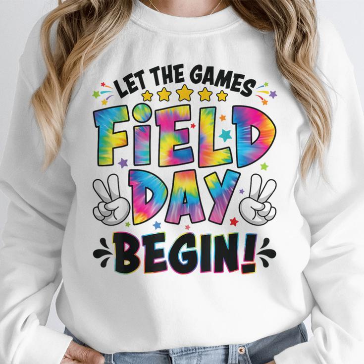 Let The Games Field Day Begin Tie Dye Adults Teacher Kids Women Crewneck Sweatshirt, funny design Let The Games Field Day Begin Tie Dye Adults Teacher Kids Women Crewneck Sweatshirt, funny design