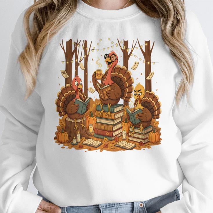 Librarian Turkey Reading Book Fall Thanksgiving Teacher Book Women Crewneck Sweatshirt, funny design Librarian Turkey Reading Book Fall Thanksgiving Teacher Book Women Crewneck Sweatshirt, funny design