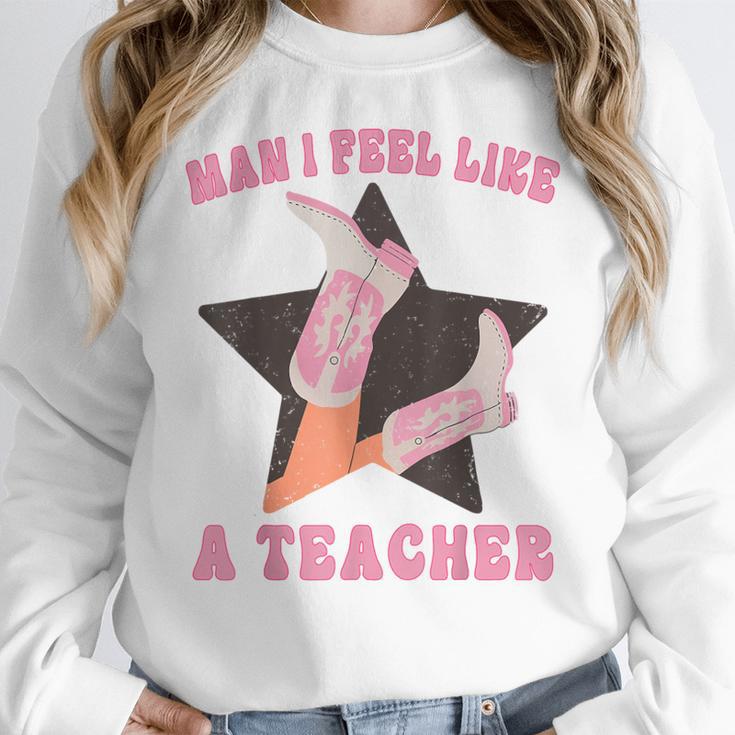 Man I Feel Like A Teacher Retro Western Country Cowgirl Women Crewneck Sweatshirt, funny design