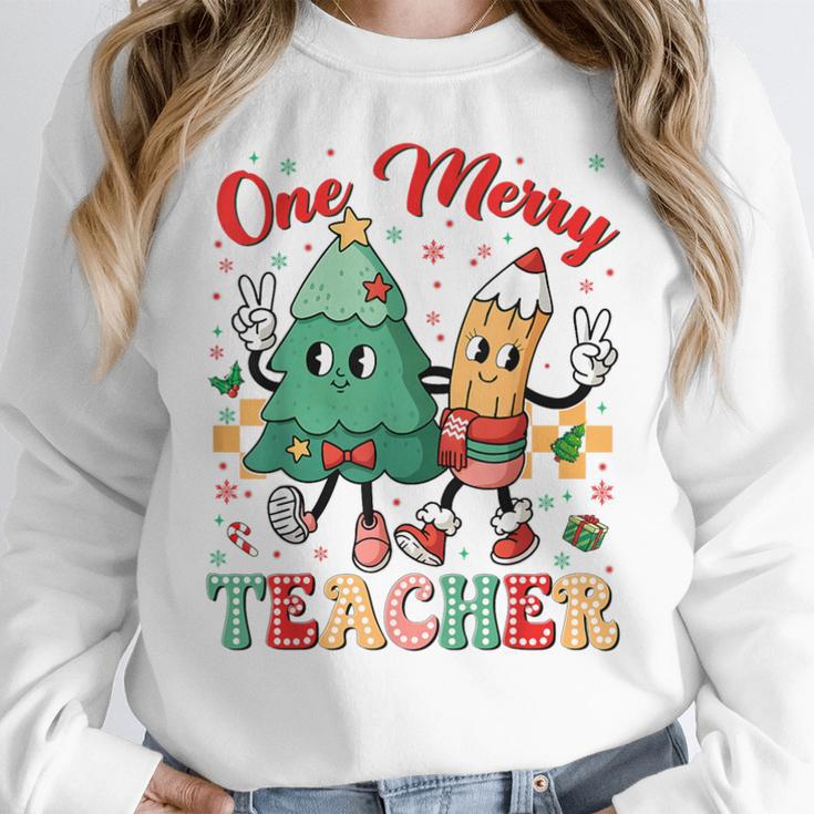 One Merry Teacher Groovy Christmas Tree Pjs Xmas Teacher Women Crewneck Sweatshirt, Groovy Teacher Gifts, funny design One Merry Teacher Groovy Christmas Tree Pjs Xmas Teacher Women Crewneck Sweatshirt, Groovy Teacher Gifts, funny design