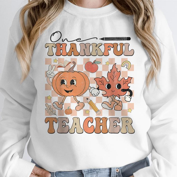 One Thankful Teacher Thanksgiving Groovy Fall Autumn Teacher Women Crewneck Sweatshirt, Groovy Teacher Gifts, funny design