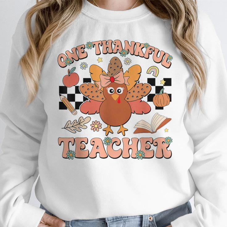 One Thankful Teacher Thanksgiving Retro Groovy Fall Teachers Women Crewneck Sweatshirt, Groovy Teacher Gifts, funny design One Thankful Teacher Thanksgiving Retro Groovy Fall Teachers Women Crewneck Sweatshirt, Groovy Teacher Gifts, funny design