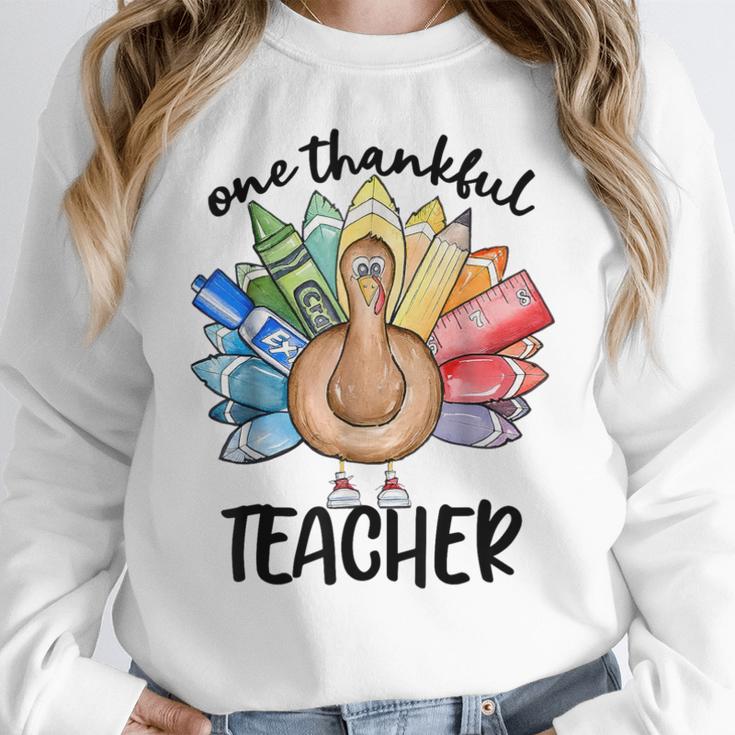 One Thankful Teacher Turkey Pencil Thanksgiving Teachers Women Crewneck Sweatshirt, funny design