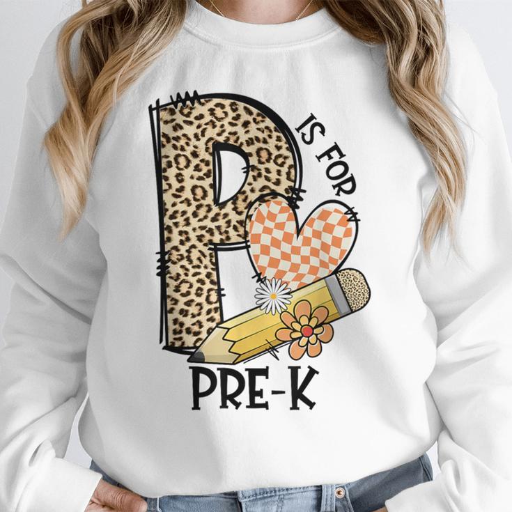 P Is For Pre K Teacher Leopard First Day Of School For Men Women Girls Kids Women Crewneck Sweatshirt, funny design P Is For Pre K Teacher Leopard First Day Of School For Men Women Girls Kids Women Crewneck Sweatshirt, funny design