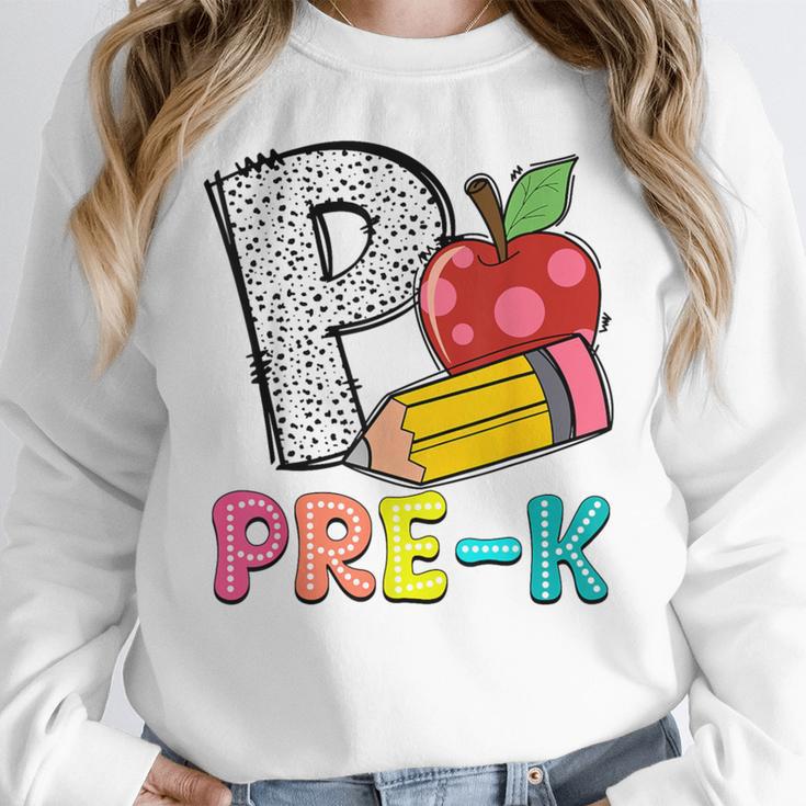 P Is For Pre-K Teacher Pencil Apple Back To School Women Crewneck Sweatshirt, funny design P Is For Pre-K Teacher Pencil Apple Back To School Women Crewneck Sweatshirt, funny design
