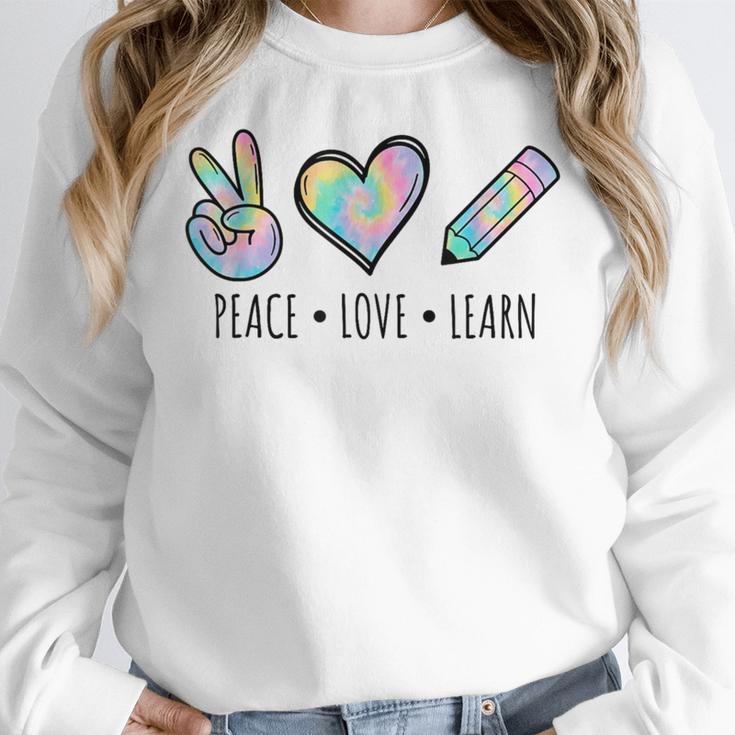Peace Love Learn Tie Dye Teacher Kids 100th Days Of School Women Crewneck Sweatshirt, funny design Peace Love Learn Tie Dye Teacher Kids 100th Days Of School Women Crewneck Sweatshirt, funny design