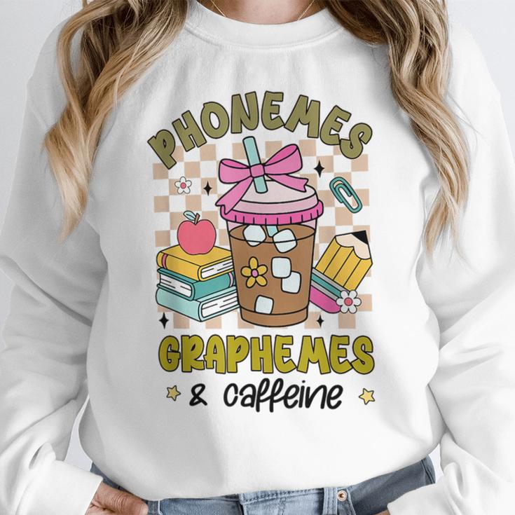 Phonemes Graphemes Caffeine Back To School Reading Teacher Women Crewneck Sweatshirt, funny design Phonemes Graphemes Caffeine Back To School Reading Teacher Women Crewneck Sweatshirt, funny design