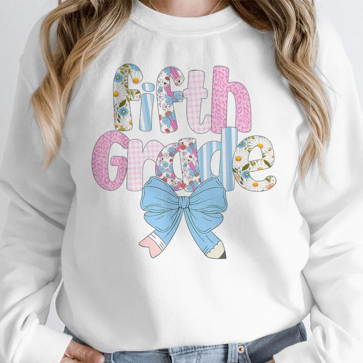 Preppy Fifth Grade Teacher Blue Floral Coquette Pencil Bow Women Crewneck Sweatshirt, funny design