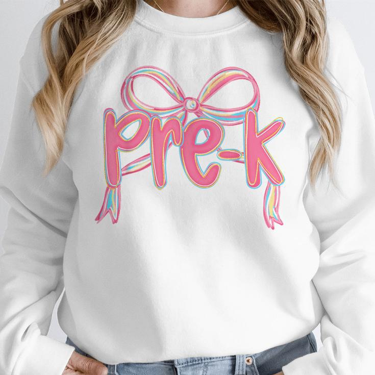 Preppy Pre k Back To School Pre-k Teachers Girls Cute Bow Women Crewneck Sweatshirt, funny design
